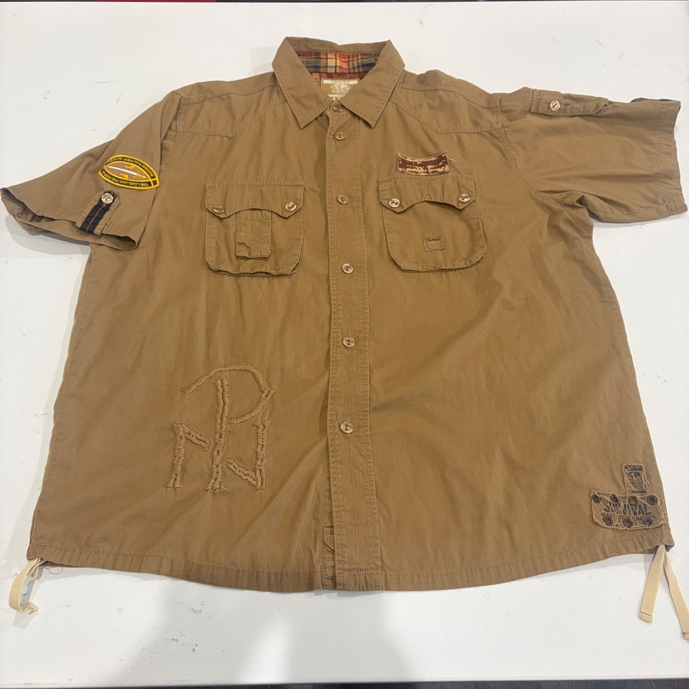 Parish Nation Survival of the Fittest Tan Utility Patch Shirt Mens 4XL Khaki